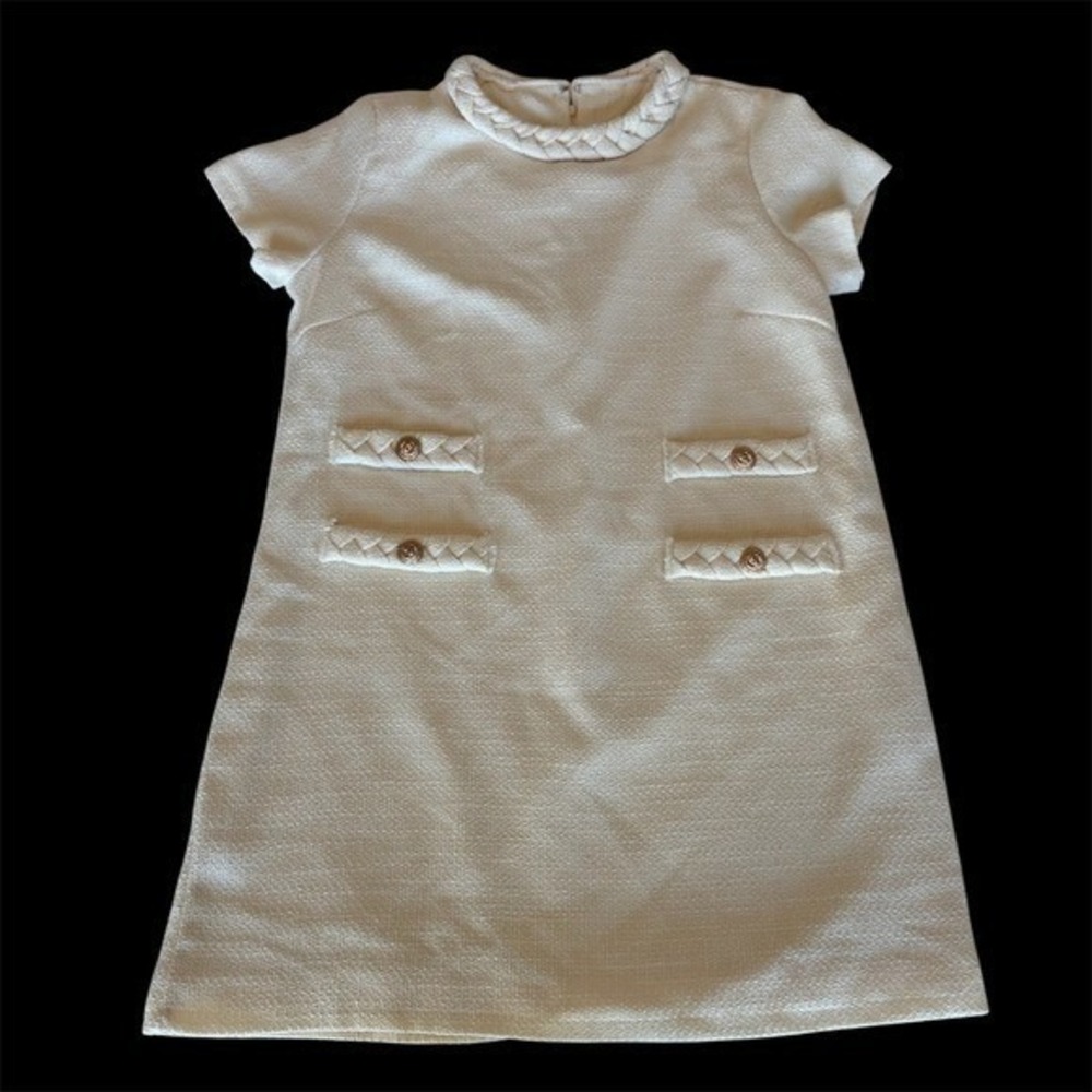 Cream Tweed Jackie Dress Braided Trim Mini Shift Gold Button Accents Ivory L